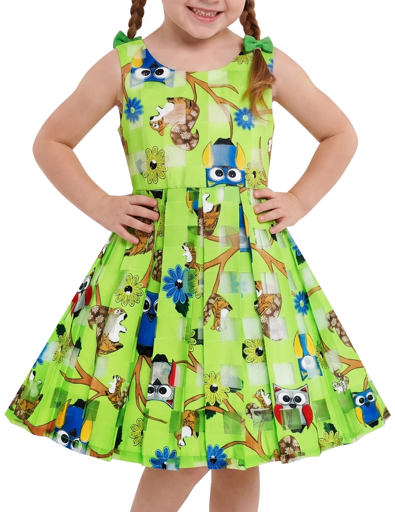 Girls Dress Green Owl Print Bow Sleeveless Knee Length