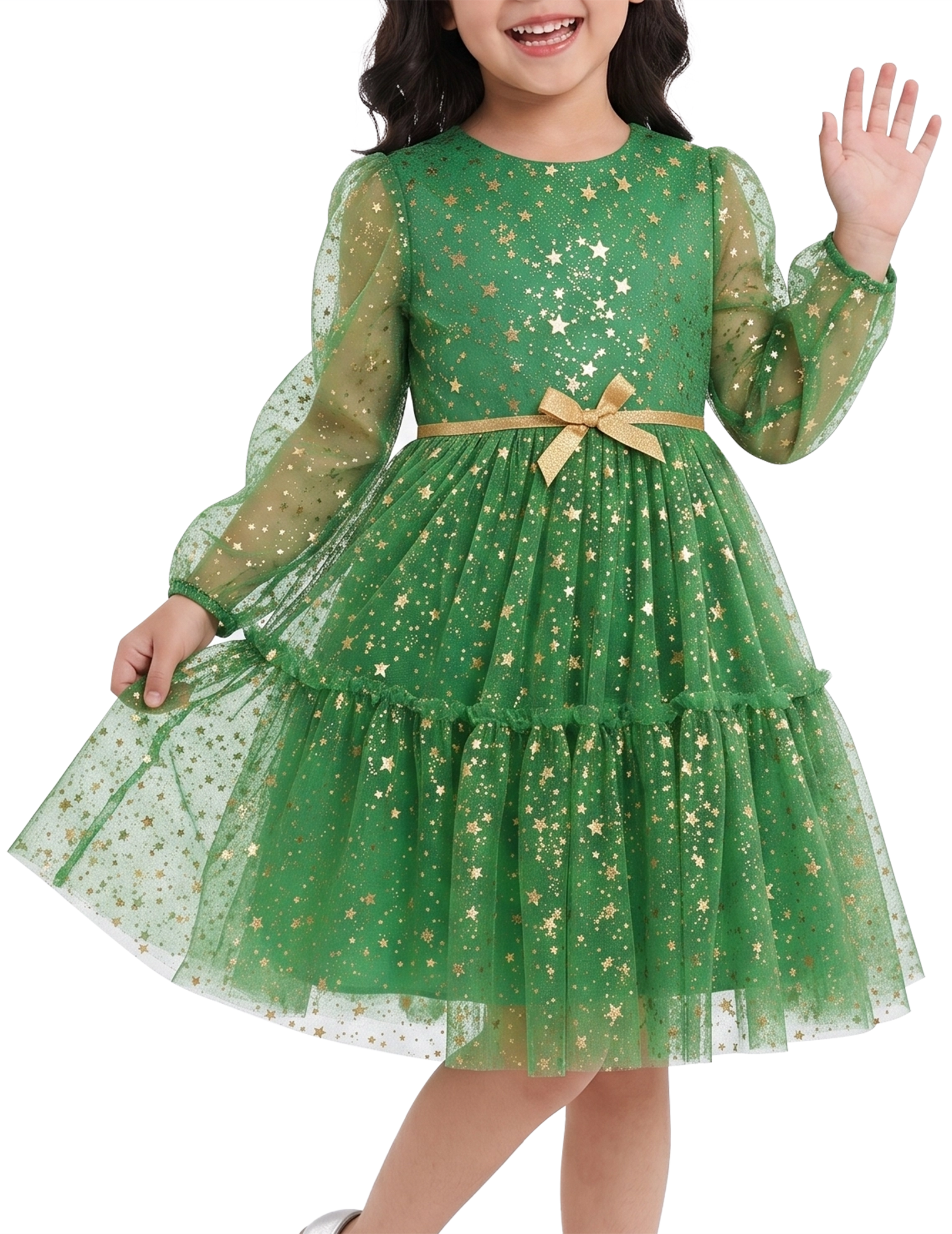 Girls Dress Christmas Green Gold Star Tulle
